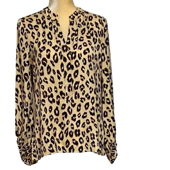 Chico's Semi-Sheer Top Animal Print Browns Size 0 S(4-6) 3/4 Elastic Sleeves EUC - Picture 1 of 10